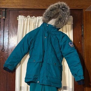 Lands' End Teal Snow Suit with Fur Trim (Bibs and Jacket)